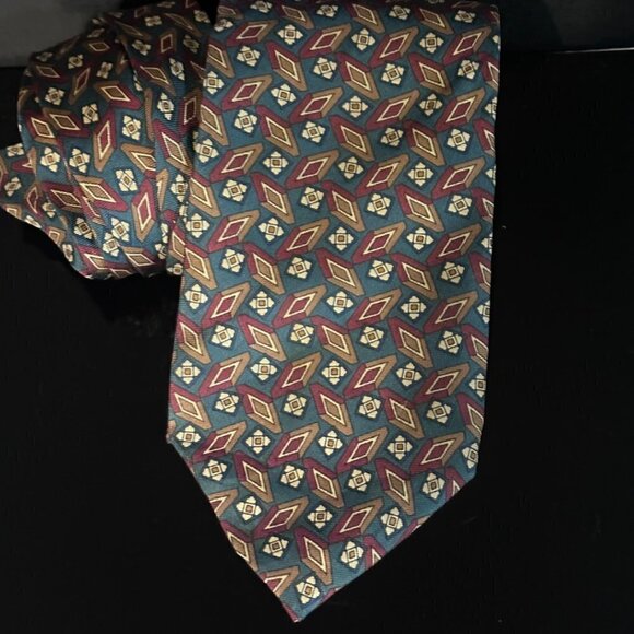 Dior Rare Mid Century Modernist Teal Red Diamond Mod Silk Tie Vintage Retro Gold - Picture 3 of 9